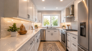 Bright modern small kitchen with white shaker cabinets, light quartz countertops, under-cabinet LED lighting, recessed ceiling lights, stainless steel appliances, and a large window providing natural sunlight, creating an open and spacious feel.

