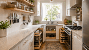 **Alt Text:**
Small modern kitchen with floating shelves, magnetic knife strip, pull-out storage drawers, spice rack, and organized space-saving storage solutions.
