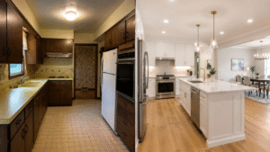 Before-and-after kitchen renovation with an outdated 1970s kitchen beside a bright modern open kitchen.

