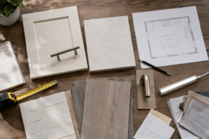 Cabinet, countertop, flooring and lighting samples for a kitchen remodel budget